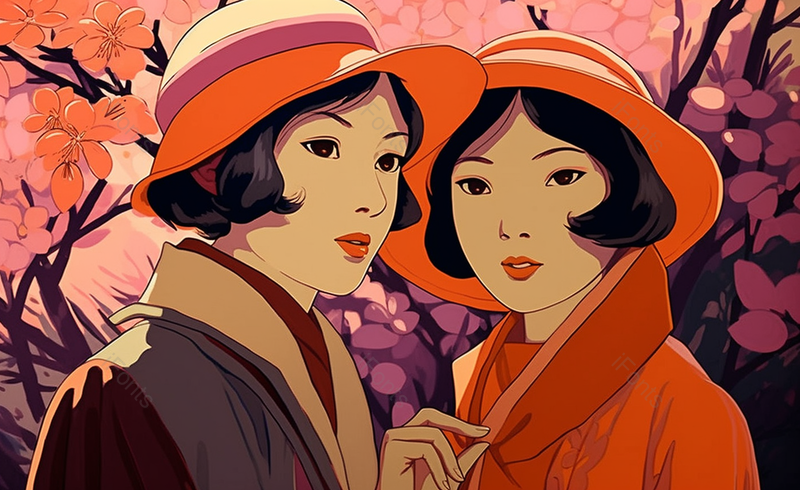 带帽子的出游好友闺蜜插画背景,插画/手绘图,插画/手绘图库,插画/手绘图下载,插画/手绘